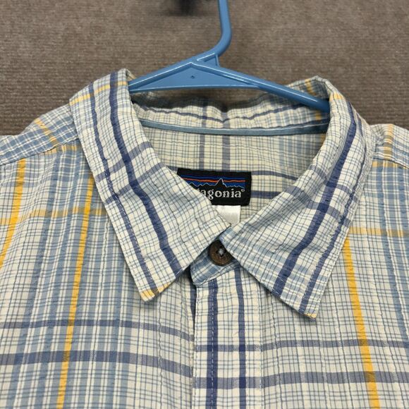 Patagonia Shirt Men's Medium Short Sleeve Button Up Blue Plaid Seersucker Light - Picture 4 of 9